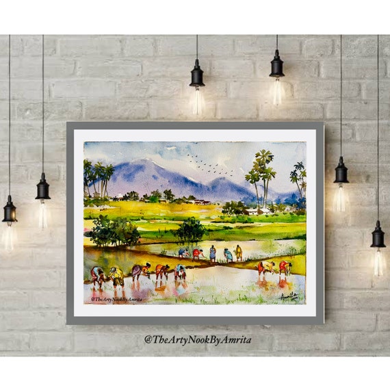 Aquarelle de scène de village indien/ Paysages de campagne ..., حجم الصورة 570x570