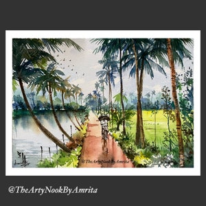 Kerala backwaters paddy fields original watercolor painting Indian countryside landscape Gallery wall art home decor scenery Boho wall art