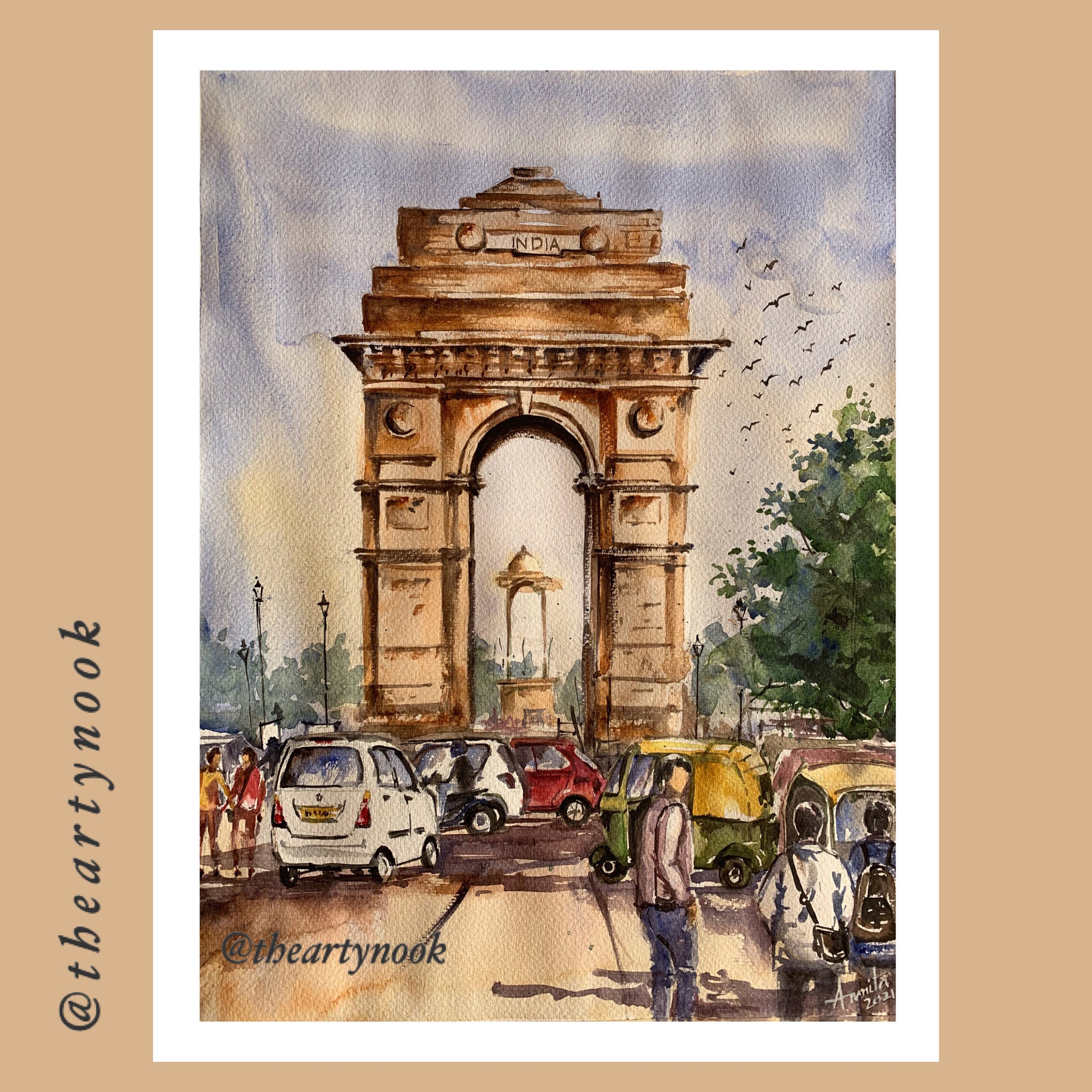 Buy Delhi Cityscape India Gate Original Watercolor Painting Online in