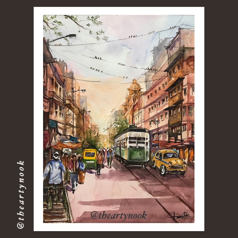 Indian cityscape watercolor giclee print Kolkata tram line street scene Gallery wall art print Diwali home decor art Thanksgiving gift idea image 1