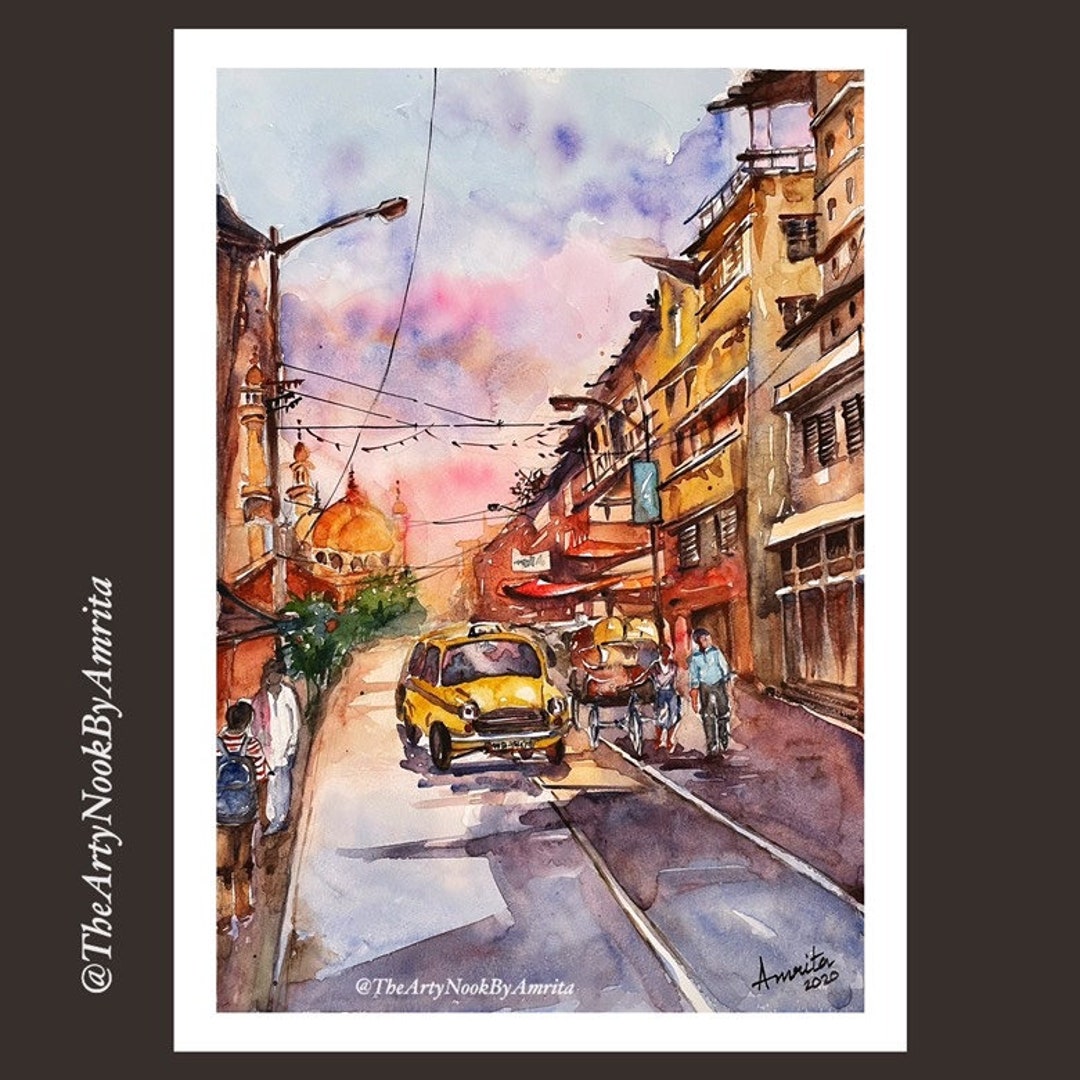 Kolkata Cityscape Original Watercolor Painting Kolkata Street Etsy