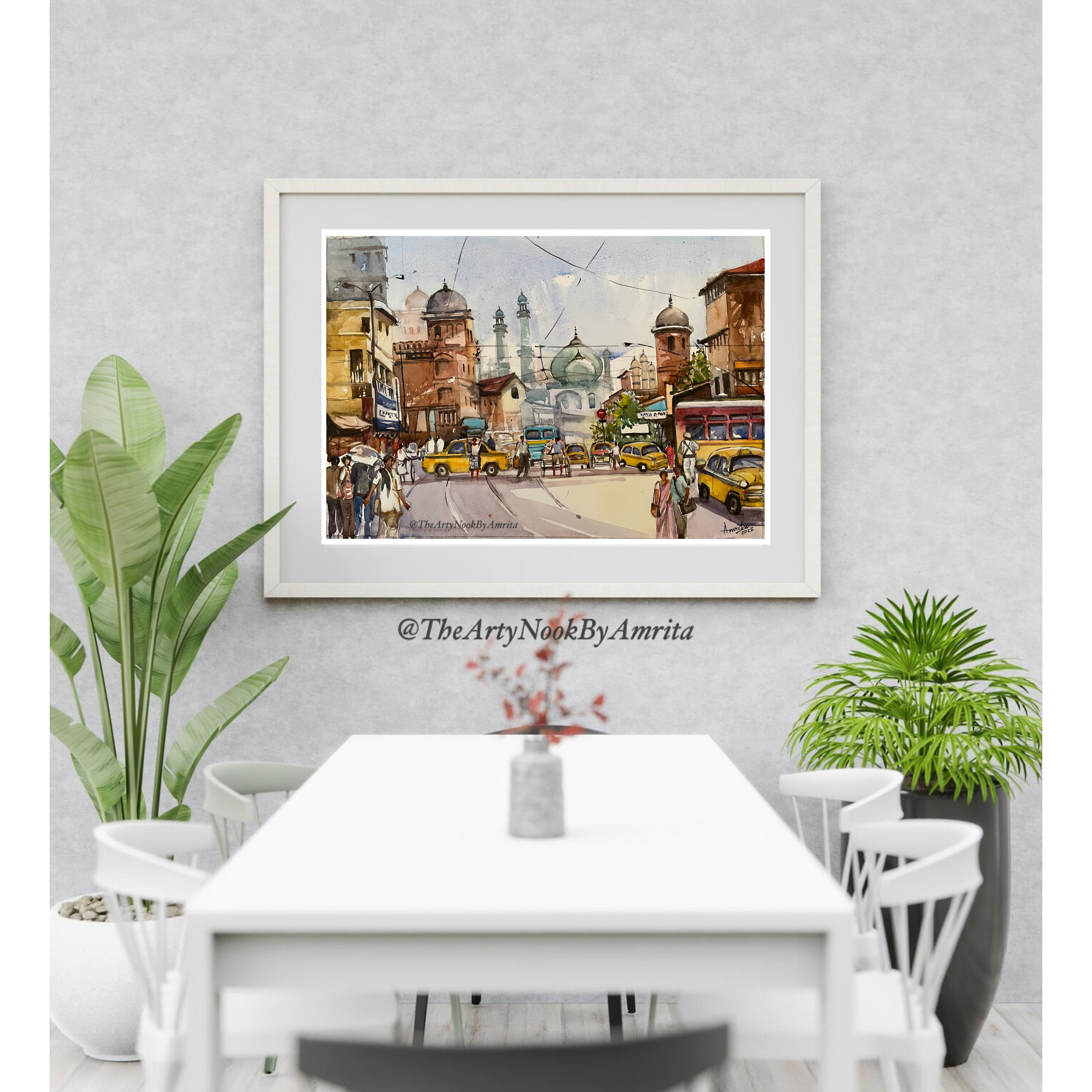 Kolkata Cityscape Watercolor Painting Kolkata Tramline Yellow Taxi