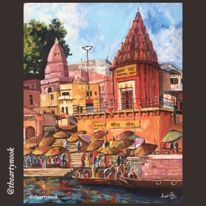 Varanasi cityscape wall art Banaras ghats riverscape original acrylic painting Home decor art Ganges Gallery wall art Living room painting