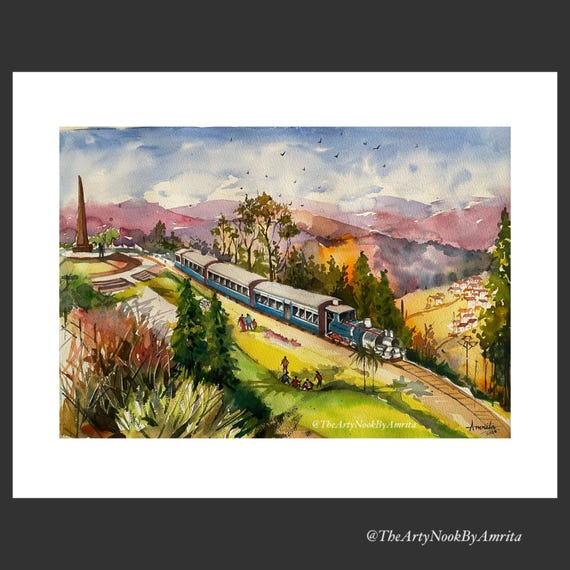 インドの風景水彩画/ダージリンのおもちゃの列車/ギャラリーの壁アート