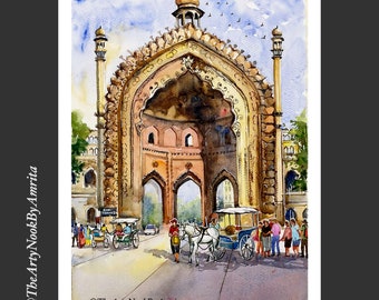 Indian cityscape watercolor painting/Rumi darwaza Lucknow street scene/Gallery wall art/home decor art/India travel art gift/ boho decor art