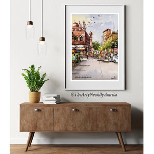 Indian cityscape watercolor painting original gallery wall art Old Delhi street scene home decor art living room painting boho wall decor image 3