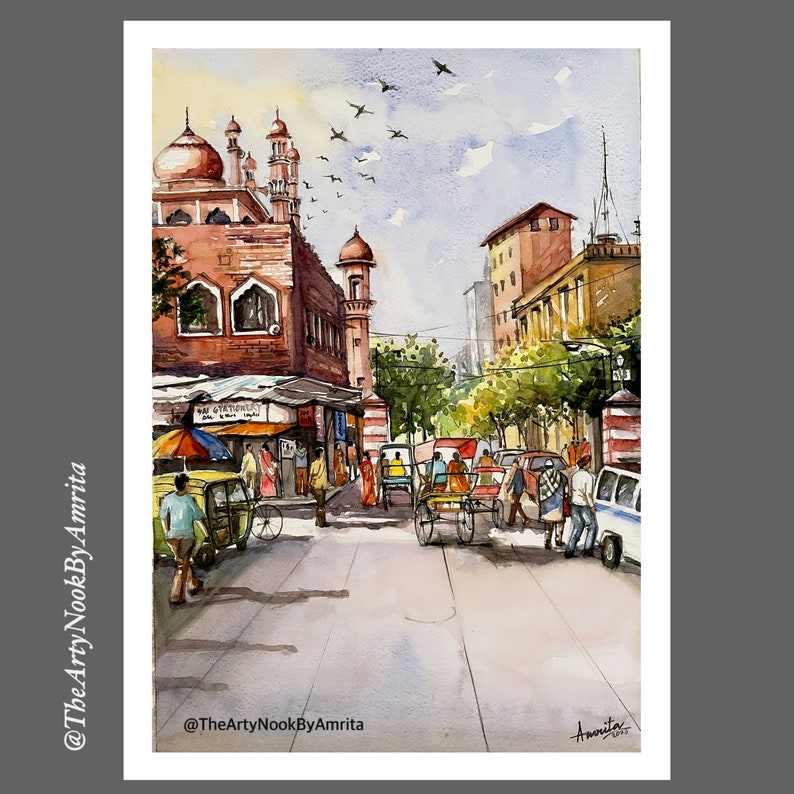 Indian cityscape watercolor painting original gallery wall art Old Delhi street scene home decor art living room painting boho wall decor image 1