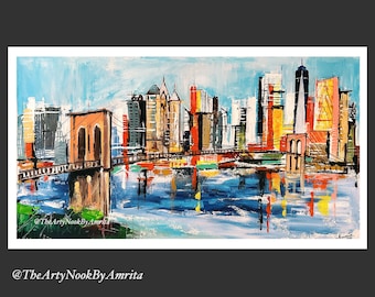 New York City Abstract painting/ Large NYC modern wall art decor/ Brooklyn Bridge painting/ Abstract cityscape/NYC Skyline palette knife art