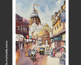 Odisha cityscape watercolor painting Indian temple city scene gallery wall art Jagannath Puri street painting home decor wall art