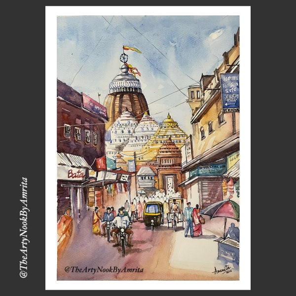 Odisha cityscape watercolor painting Indian temple city scene gallery wall art Jagannath Puri street painting home decor wall art