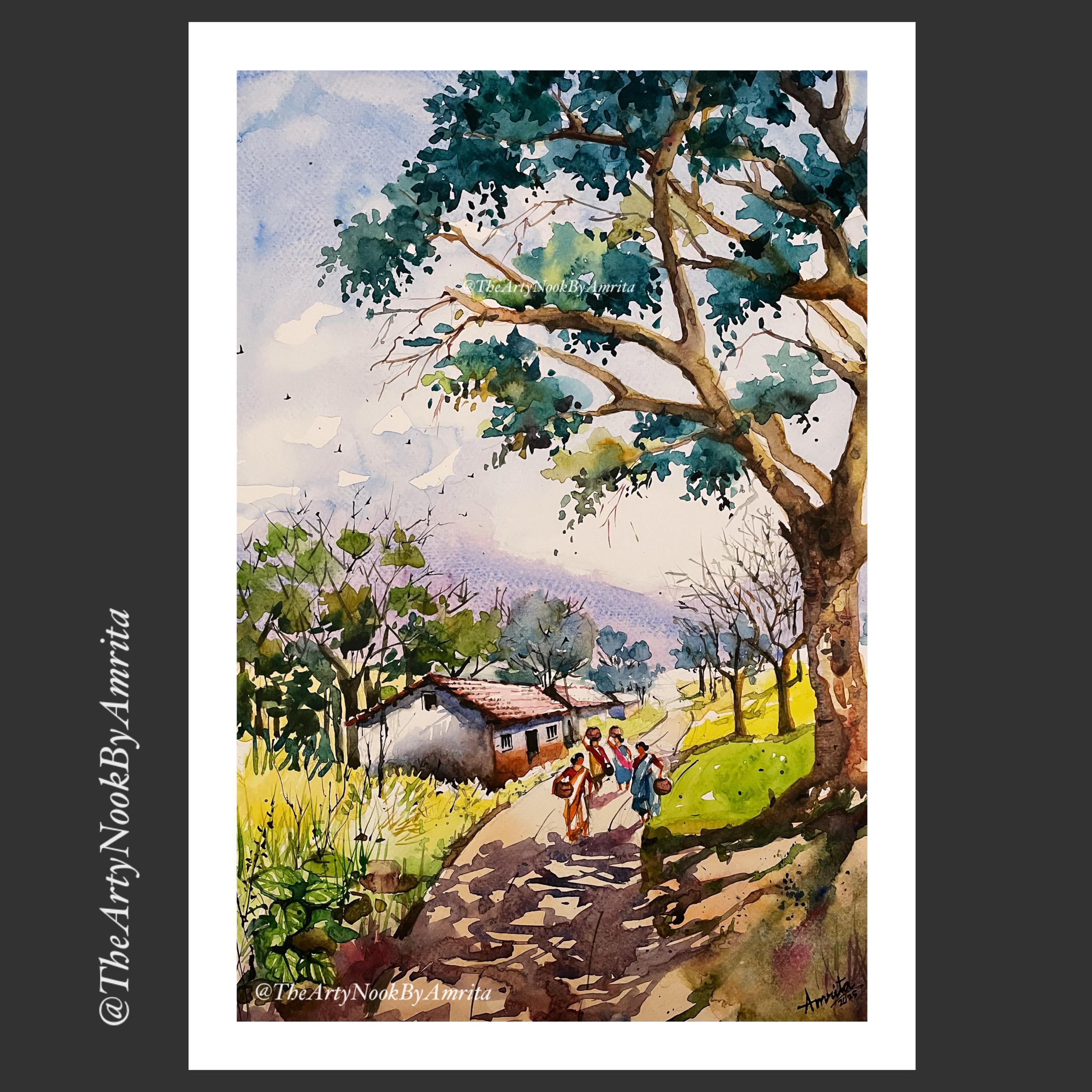 Rural India Landscape Original Watercolor Painting Indian