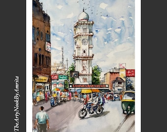 Indian cityscape watercolor painting/ Gallery wall art/ Kanpur ghantaghar clock tower living room art/ home decor gift/ Indian street scape