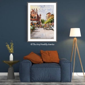 Indian cityscape watercolor painting original gallery wall art Old Delhi street scene home decor art living room painting boho wall decor image 2