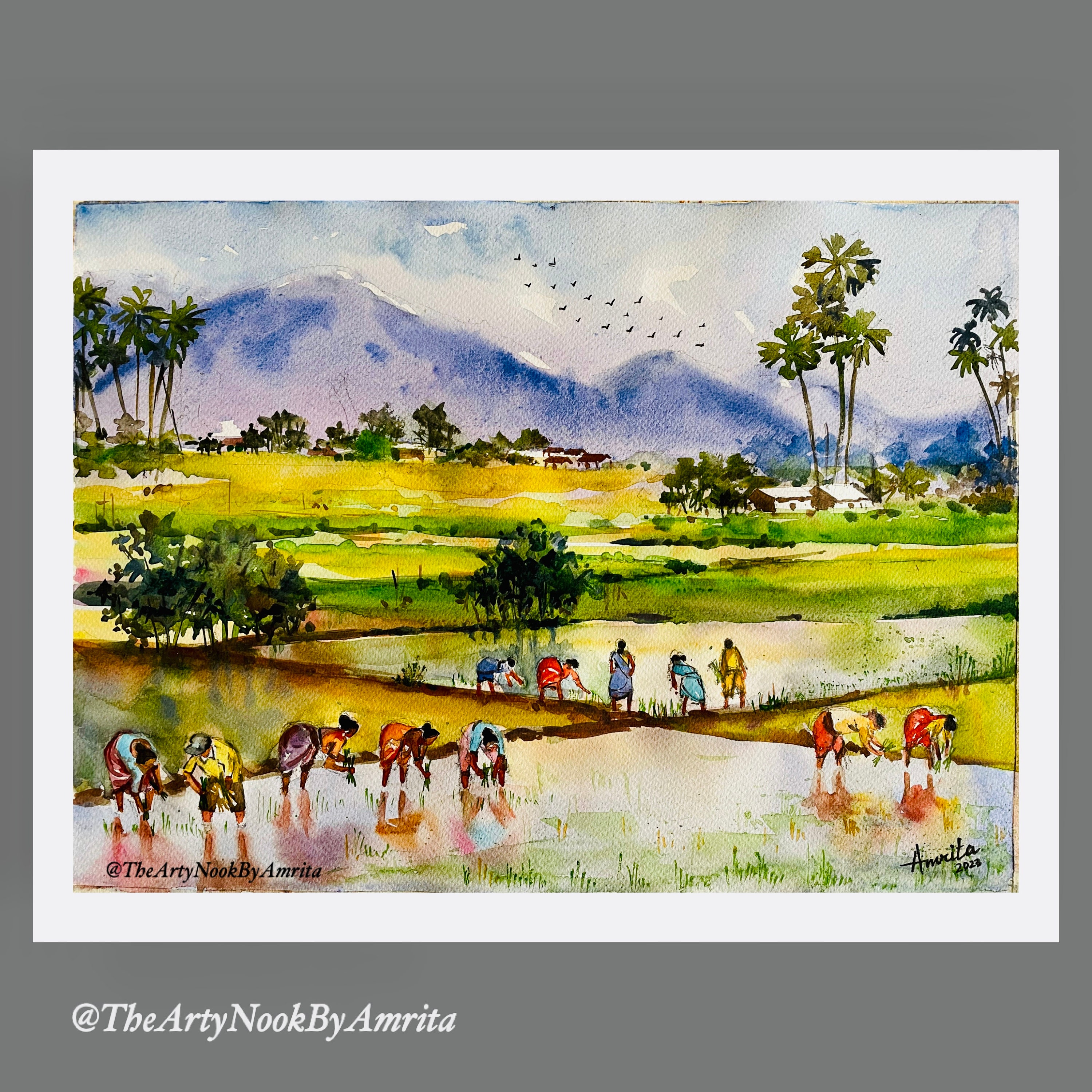 Indian Village Scene Watercolor Painting Bengal Paddy Fields pic