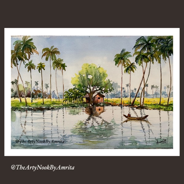 Kerala backwaters boat ride original watercolor painting Indian countryside landscape Gallery wall art scenery home decor art Boho wall art