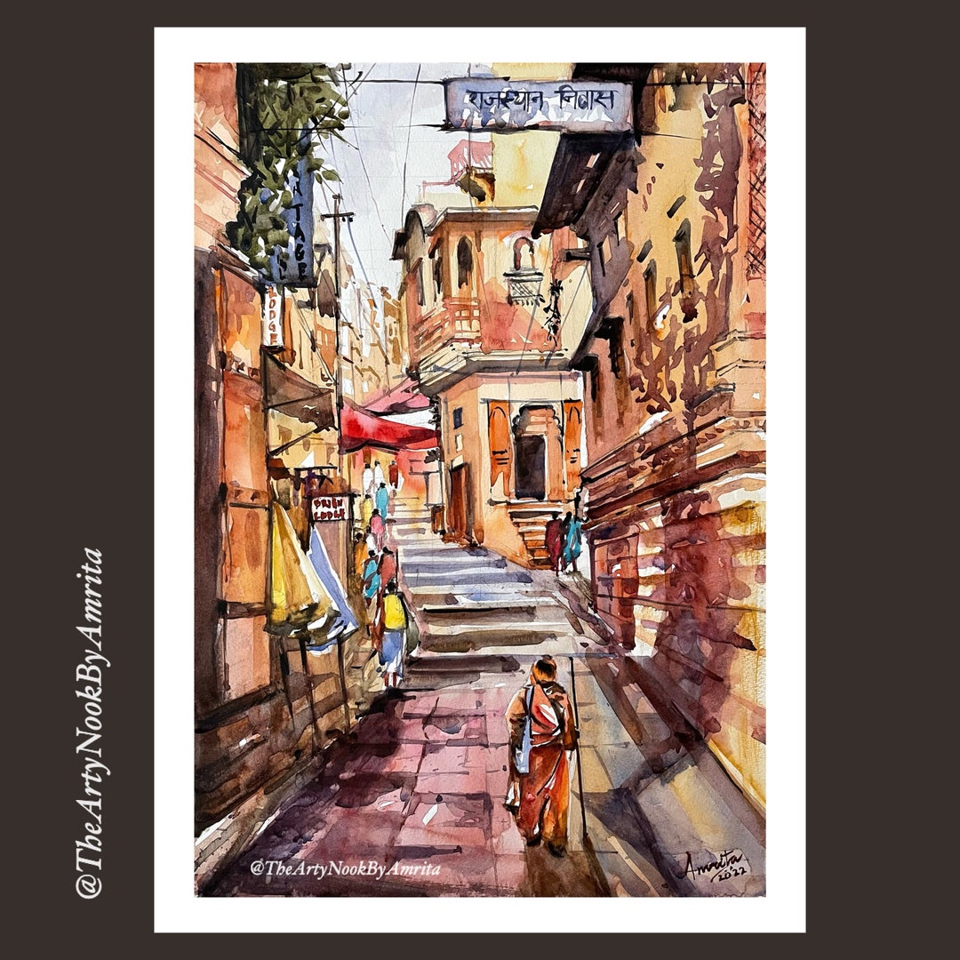 Indian Cityscape Watercolor Painting Gallery Wall Art Rajasthan ...