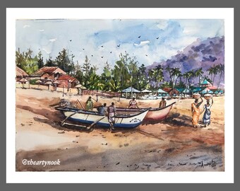 Goa beachscape Indian fishing boats watercolor painting gallery wall art home decor boho wall art Indian beach scene India travel art print