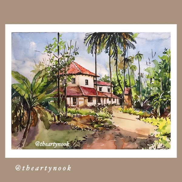 Kerala village landscape watercolor painting/ Christmas gift idea/ Gallery wall art/ Indian scenery/ Living room art/ home decor wall art