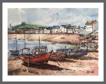 Cornwall UK beach scape watercolor painting Gallery wall art Boho wall art living room painting home decor art Europe travel art gift giclee