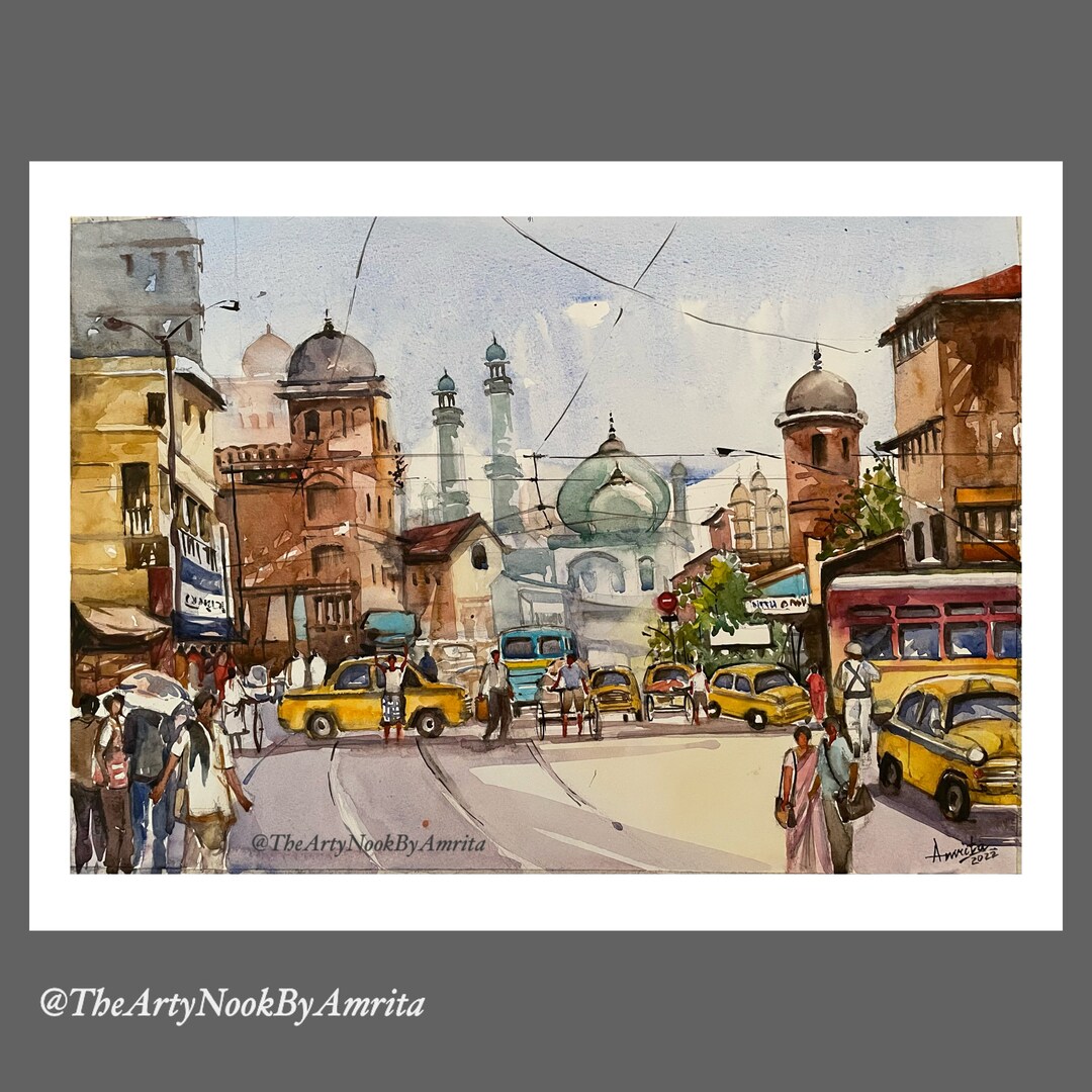 Kolkata Cityscape Watercolor Painting Kolkata Tramline Yellow Taxi