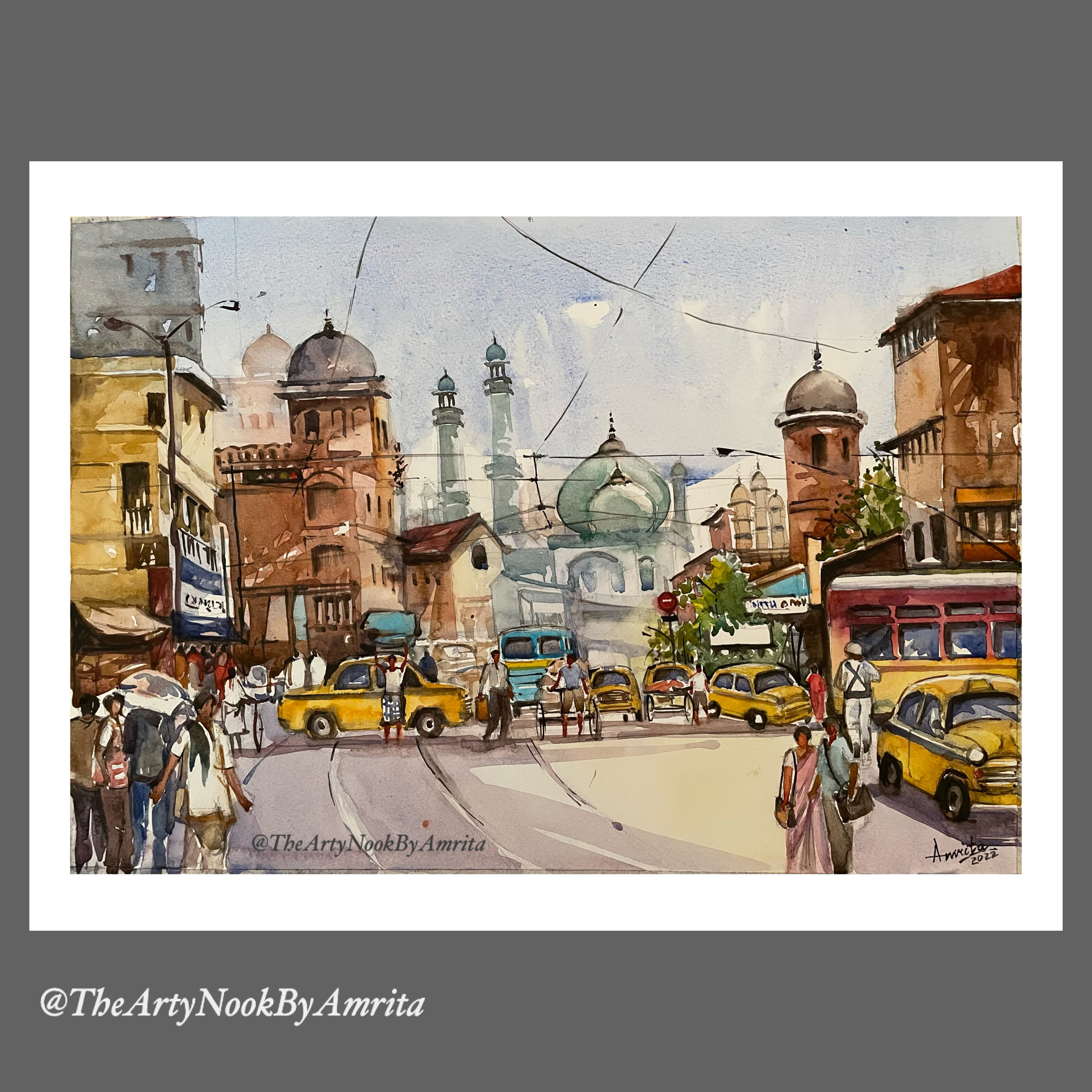 Kolkata Cityscape Watercolor Painting Kolkata Tramline Yellow pic