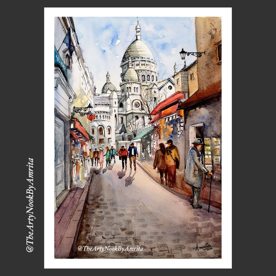 Paris Cityscape Watercolor Painting Sacre Coeur Basilica