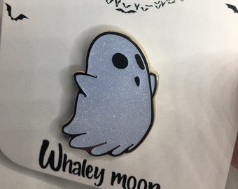 White Ghost Enamel Glitter Pin - Whaley moon
