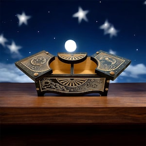 Moon & Stars Lunar Engraved Wood Jewelry Valet Box with Pivoting Lids