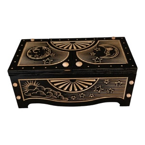 Moon & Stars Lunar Engraved Wood Jewelry Valet Box with Pivoting Lids