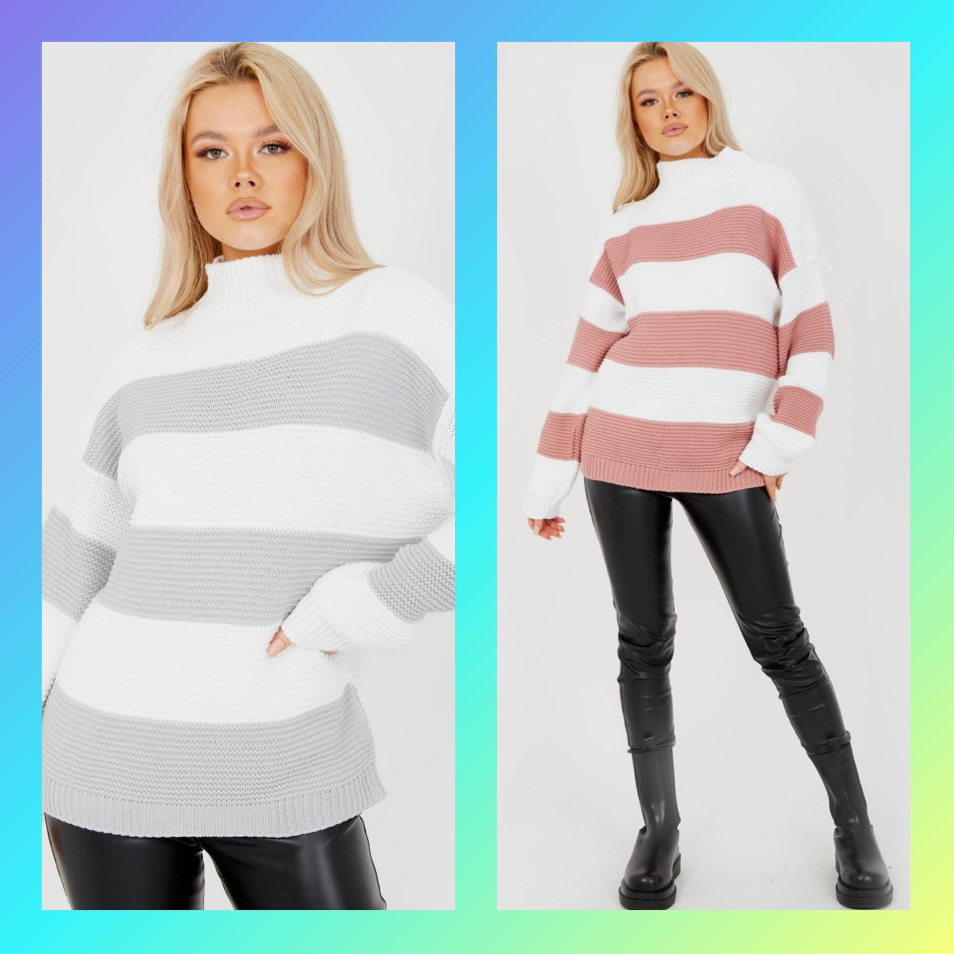 Chunky grey/white or rose gold/white striped jumpers high neck Etsy
