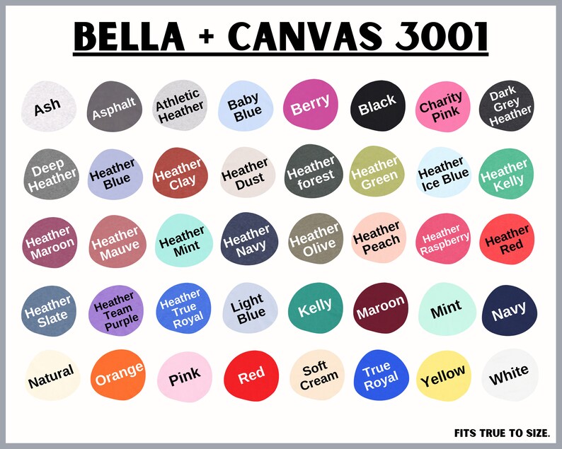 K&ouml;nnte beinhalten: Eine Farbkarte mit 36 verschiedenen Farben f&uuml;r Bella + Canvas 3001 T-Shirts. Die Farben umfassen Ash, Asphalt, Athletic Heather, Baby Blue, Berry, Black, Charity Pink, Dark Grey Heather, Deep Heather, Heather Blue, Heather Clay, Heather Dust, Heather Forest, Heather Green, Heather Ice Blue, Heather Kelly, Heather Maroon, Heather Mauve, Heather Mint, Heather Navy, Heather Olive, Heather Peach, Heather Raspberry, Heather Red, Heather Slate, Heather Team Purple, Heather True Royal, Light Blue, Kelly, Maroon, Mint, Navy, Natural, Orange, Pink, Red, Soft Cream, True Royal, Yellow und White.