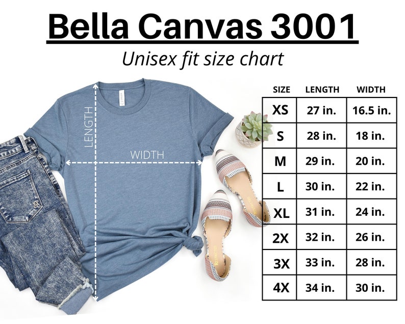 K&ouml;nnte beinhalten: Eine Gr&ouml;&szlig;entabelle f&uuml;r Unisex-T-Shirts von Bella Canvas 3001. Die Tabelle zeigt die L&auml;nge und Breite in Zoll f&uuml;r die Gr&ouml;&szlig;en XS bis 4X.