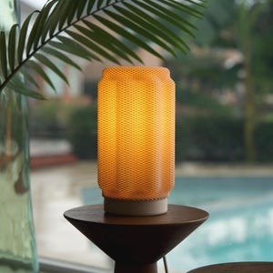 May include: A cylindrical table lamp with a textured, honeycomb-like shade, emitting a warm, yellow glow. The lamp sits on a dark brown, wooden table. A green plant and a window with a pool view are in the background.