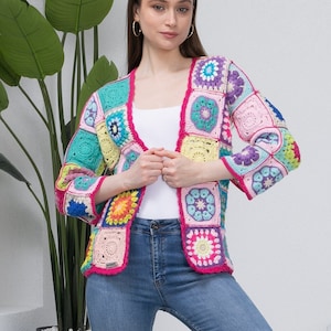 Ready to ship Crochet Knit Woman Jacket, Pink knitted patchwork jacket, Granny square Afghan cardigan, crochet handmade, crochet afghan coat