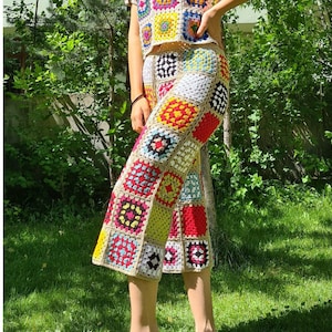 Häkelhose, Häkelhose, Oma Quadrat Motiv Hose, Strick Festival Kleidung, Sommerhose, Trendy Hose, Slouchy Häkelhose