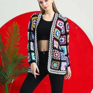 Ready to ship Black Crochet Cardigan, Knitted Crochet Coat, Granny Square Afghan Cardigan, Cotton Cardigan, Crochet Jacket, Long Oversized