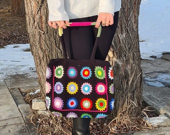 Crochet Bag, Granny Square Black Bag, Shoulder Crochet Purse, Retro Knit Bag, Shopping Bag, Vintage Style, Women Bag, Girt For Her