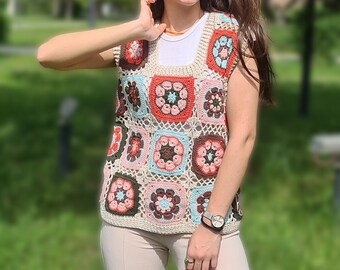 Ready to ship Summer Mesh Crochet Vests, Daisy Knitted Vest, Festival Vest, Granny Square Boho Top, Knitted Patchwork Sweater, Knitted Boho