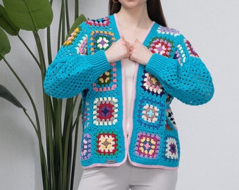 Blue Crochet Woman Jacket, Knitted Jacket, Granny Square Afghan Jacket, Handmade Crochet, Knitted Crochet Coat, Cotton Cardigan
