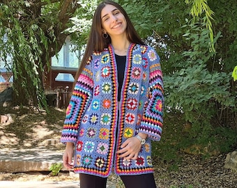 Granny Square Afghan Cardigan, Blue Crochet Afghan Coat, Knitted Crochet Jacket, Patchwork Cardigan, Boho Cardigan, Long Oversized Jacket