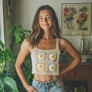 Beige Daisy Knitted Crop, Knit Patchwork Tank, Crochet daisy top, Boho Style Sweater, Hippie Festival top