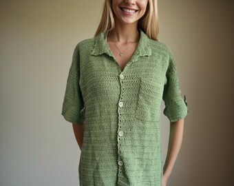 Ready to ship green Woman Shirt, Knitted Multicolor Shirt, crochet vintage style shirt, Crochet woman sweater