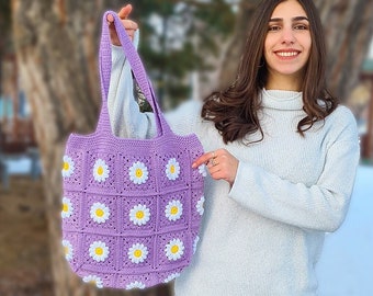 Crochet Lilac Daisy Bag, Knit Flower Bag, Crochet Purse, Shoulder Bag, Women Bag, Market Bag, Shopping Bag