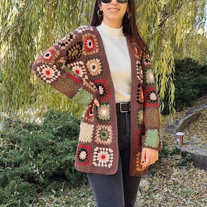 Brown Crochet Cardigan, Patchwork Jacket, Knitted Cardigan women, Granny Square Knit Coat, Cardigan sweaters for women, Afghan Crochet,