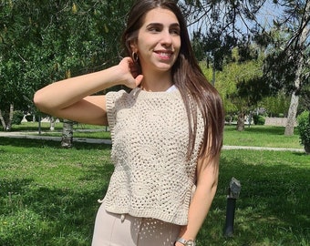 Chaleco de crochet beige, suéter de patchwork de punto, chaleco de festival, top boho de abuela con cuadrados, suéter de crochet de punto, estilo boho