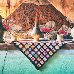 40&quot;X40&quot; Crochet Afghan Black Blanket, Multicolor Daisy Blanket, Grannysquare Blanket, Tv Blanket, Cotton Blanket