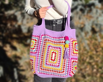 Lilac Crochet Bag, Grannysquare Colorful Bag, Crochet Tote Bag, Knit Crochet Purse, Knitted Tote Bag, Knit Afghan Bag, Crochet Handmade