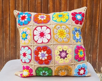 Crochet Beige Daisy Pillow Cover, Granny Square Crochet Pillow Cover, Cushion Cover, Granny Coloful pillow cover