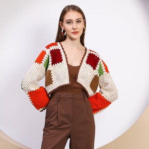 Bohem color Crochet Crop Jacket, Knitted Boho Top, Granny Square Sweater, Valentine's Day gift, Knit Patchwork Jacket image 6