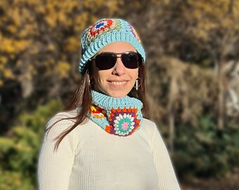 Ready to ship Crochet Knitted Beanie, Crochet Winter Accesory Set, Handmade Knit Gloves, Granny square Collar, Crochet Afghan Crochet